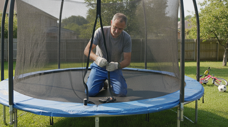 mann repariert reißverschluss am fangnetz von einem trampolin